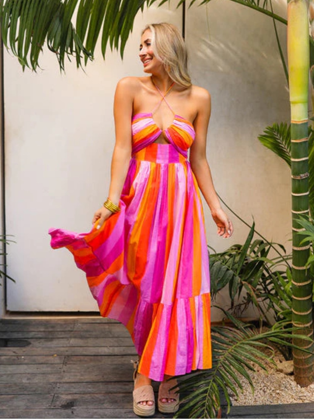 Buddy Love Hot Pink & Orange Striped Halter Maxi Dress